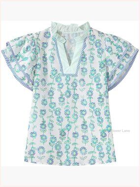 Floral Ruffle Blouse Dressy Casual Notch V Neck Short Sleeve Summer Top Blouse